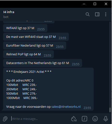 I4 Infra Telegram Bot geeft extra korting op je verbindingen.
Kijk snel of postcodes uit jouw bestaande of nieuwe install base in aanmerking komen, bellen of mailen mag ook en dan geven we aan welke postcodes in aanmerking komen.

i4networks.nl/faq/i4-infra-t…