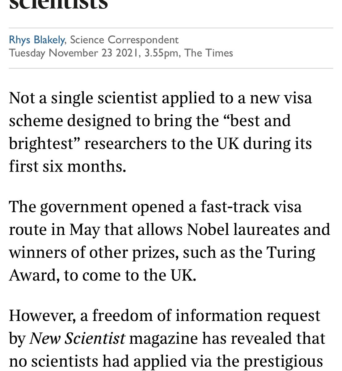 Boris Johnson - “We will make Britain a science superpower”. Priti Patel - “This is exactly what our new points-based immigration system was designed for — attracting the best and brightest based on the skills and talent they have, not where they’ve come from.”