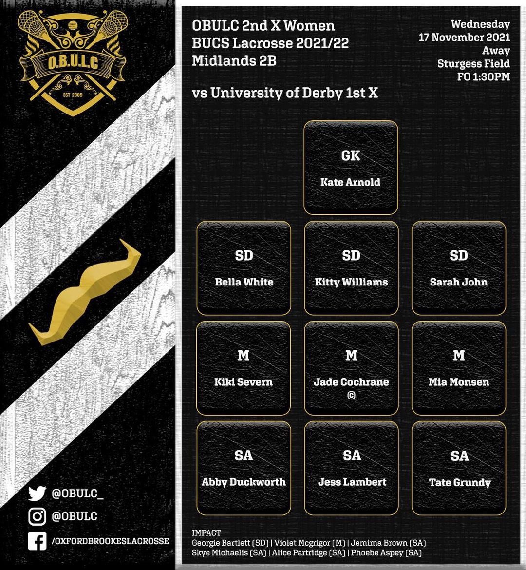 🚨 BUCS Game week 6 🚨

Wed 17th November

Women’s 1st X vs <a href="/uonladieslax/">UoN Ladies Lacrosse</a> 2nd X (H) - 3:00pm Face Off 🥍 

Men’s 1st X vs <a href="/LoughboroughLax/">Loughborough LAX</a> 2nd X (H) - 12:30 Face Off 🥍 

OBULC Women’s 2nd X vs <a href="/UoDLacrosse/">UoDerby Lacrosse</a> 1st X (A) - 1:30pm Face Off 🥍

#OBULC #Lacrosse #BUCS #UniversitySport