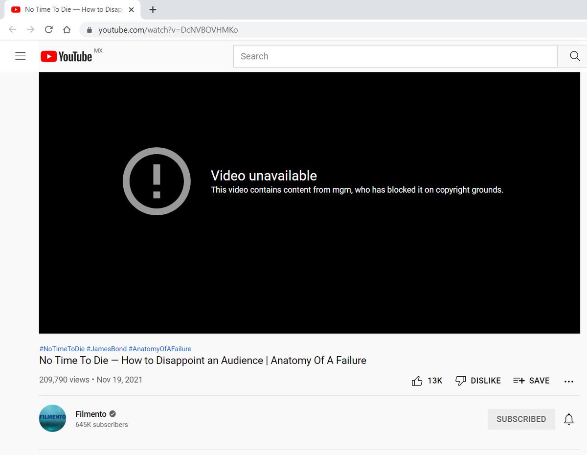 FanFamicom's tweet photo. @Filmento Hey Filmento! Idk if you are aware, but the latest video No Time To Die is already unavailable, at least here in YouTube Mexico. https://t.co/DfaEWZqeGi