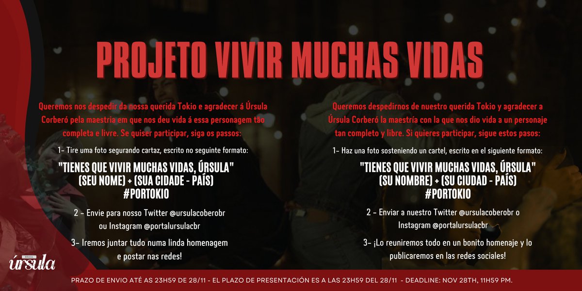 UrsulaCorberoBR's tweet photo. PROJETO VIVIR MUCHAS VIDAS!
Sabemos o quanto a morte da Tokio foi dolorosa para todos, pensando nisso, estamos organizando uma homenagem para nos despedirmos e mostrarmos toda nossa gratidão, carinho e respeito pelo trabalho incrível da Úrsula.
Participem!🤍 #PORTOKIO #LCDP5 https://t.co/GHNeR7R6QI