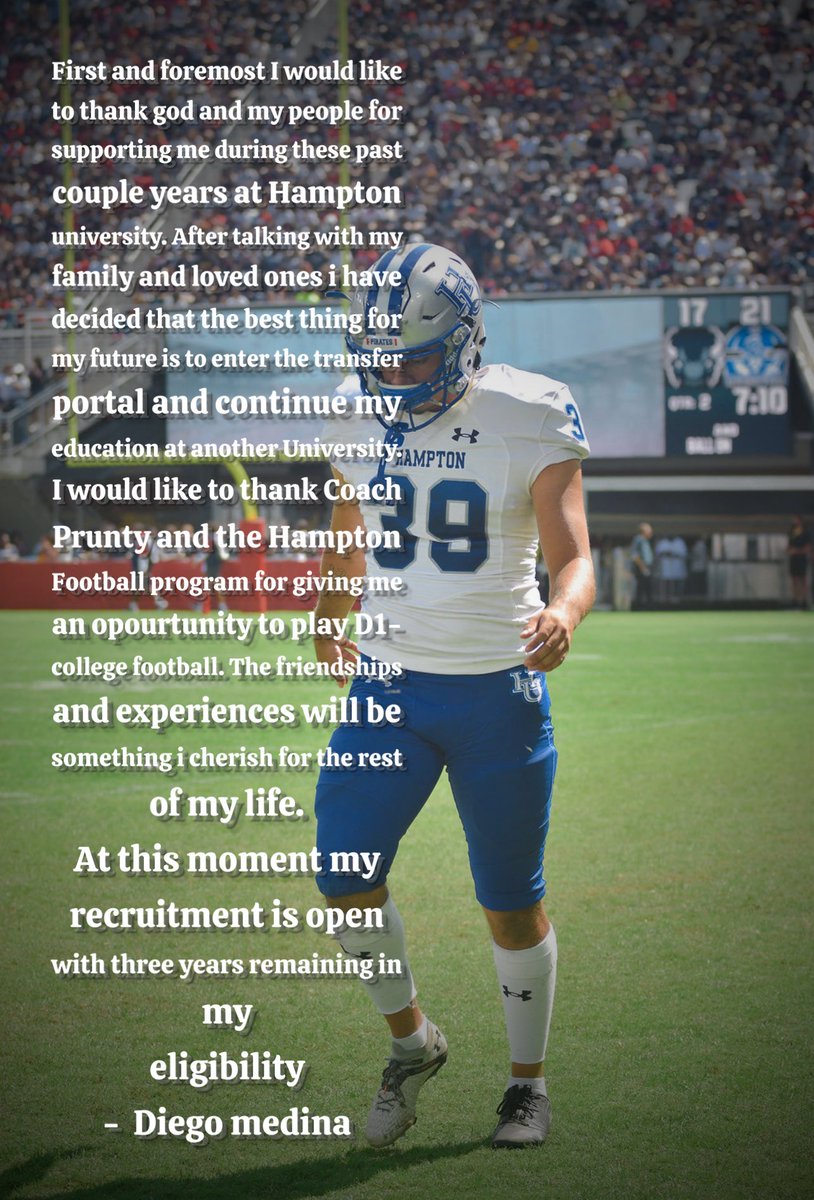 Thankful for my time at Hampton. At this time I would like to announce I have entered the transfer portal with three years remaining of eligibility. #blessed