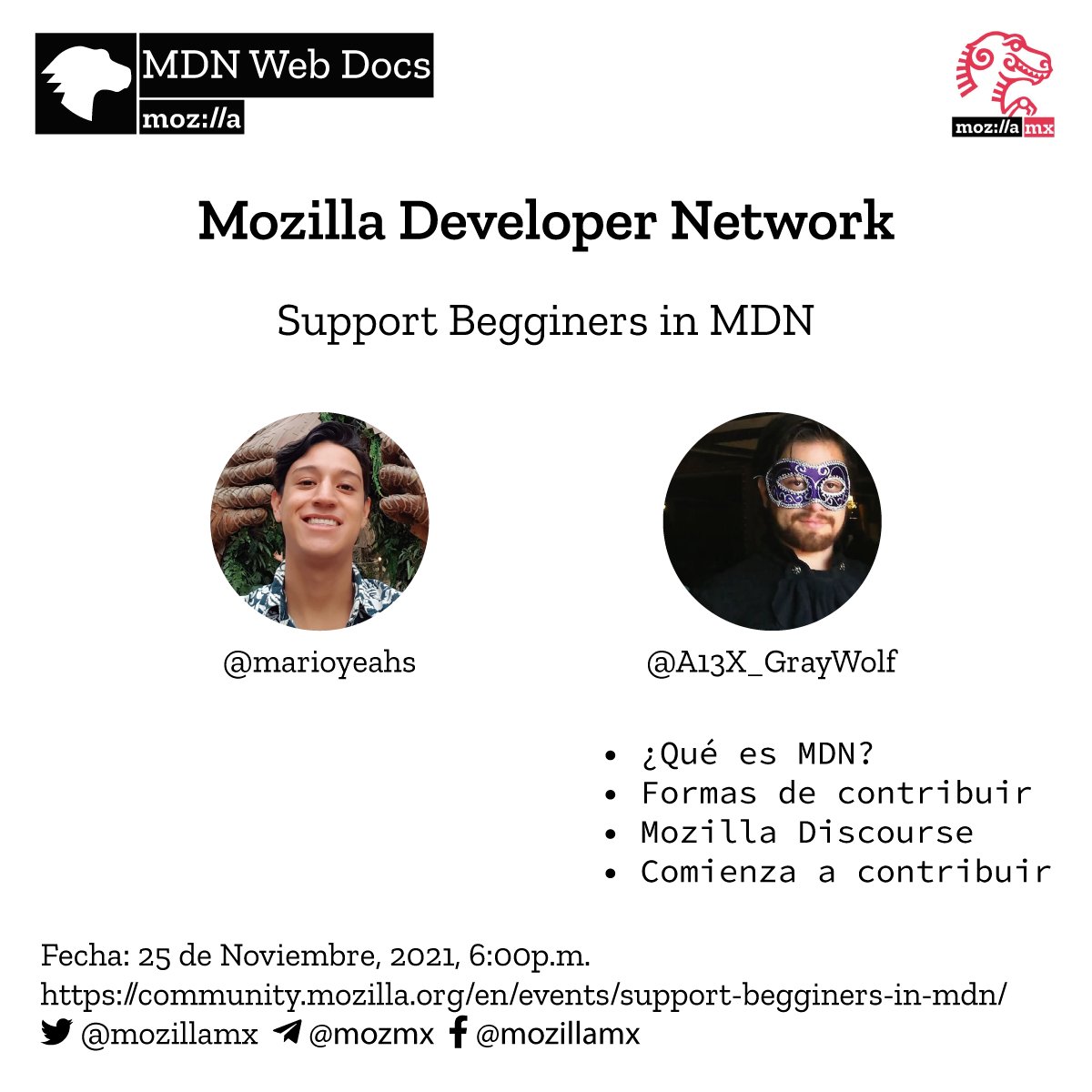 mozillamx's tweet photo. 📣Te invitamos al taller "Support Begginers in #MDN", en el cual aprenderás a hacer tus primeras contribuciones en la Mozilla Developer Network #MozDevNet 📖🦊💻

📅 25 de Noviembre a las 6 pm.
📍Registrate en https://t.co/k1oDeUM5RY https://t.co/IH2CoRZUIl