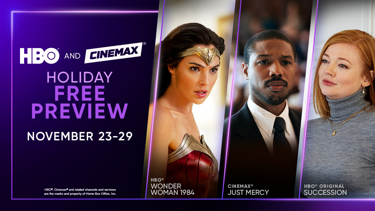 The HBO & Cinemax Free Preview event is going strong! Today through Monday, watch Succession, Wonder Woman 1984, Just Mercy, and many more iconic favorites and blockbuster hits. They're all free to enjoy! #HBO #Cinemax #FreePreview https://t.co/Dg8iXVowO5