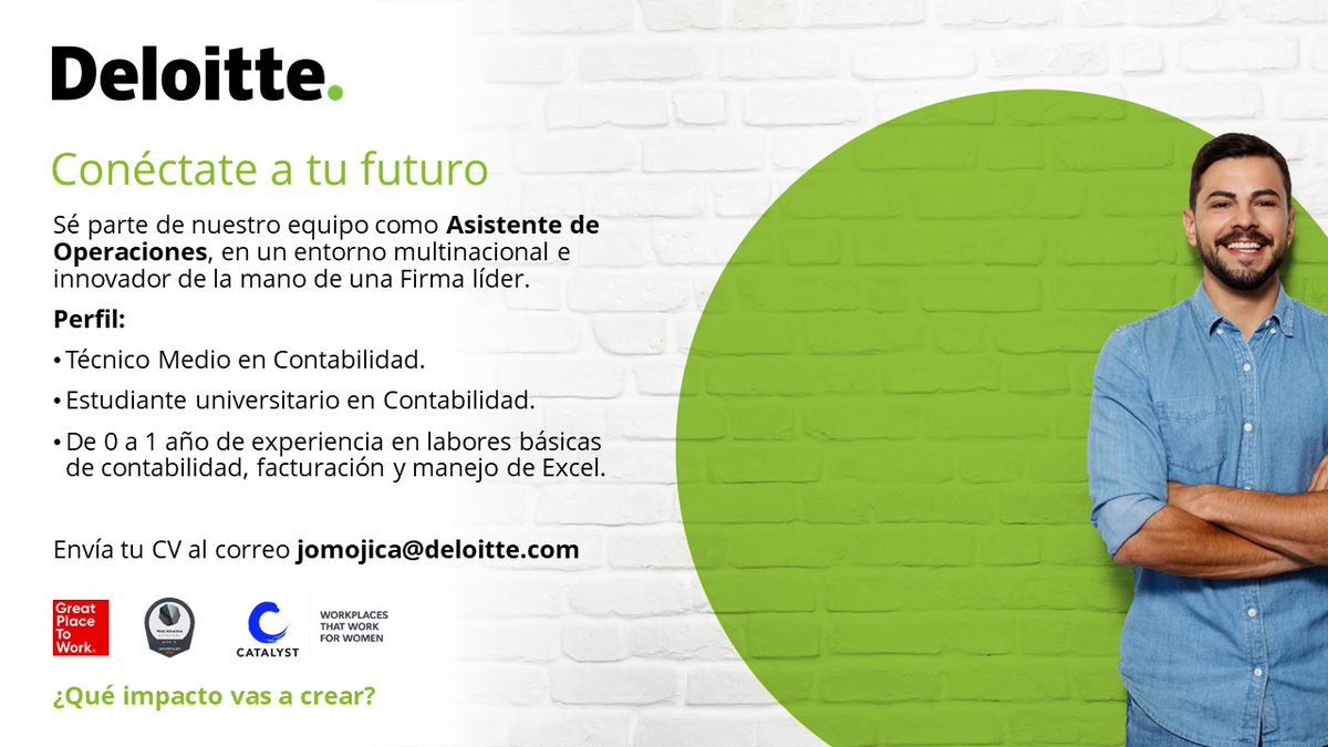 DeloitteCR's tweet photo. Conéctate a tu futuro

Sé parte de nuestro equipo como Asistente de Operaciones, si tu perfil cumple los requisitos, envía el CV al correo jomojica@deloitte.com

¿Qué impacto vas a crear? https://t.co/yf6dc49gEm
