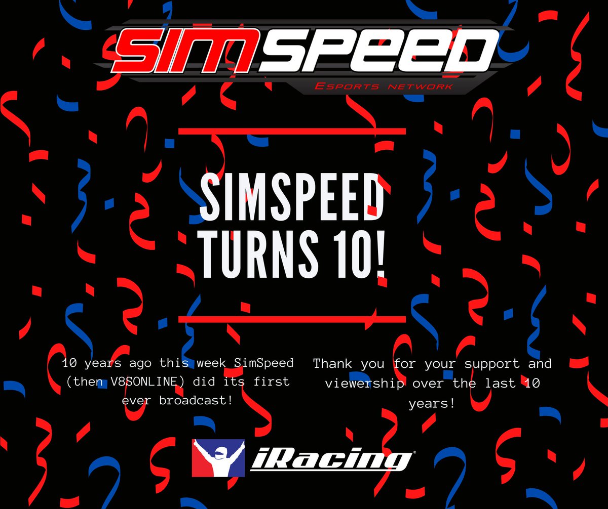 10 years ago this week, SimSpeed (then V8SONLINE) did our first ever broadcast. Over this 10 years we have done so many amazing things, broadcast some amazing races and loved every minute of it. So thanks everyone for your support <a href="/iRacing/">iRacing</a>