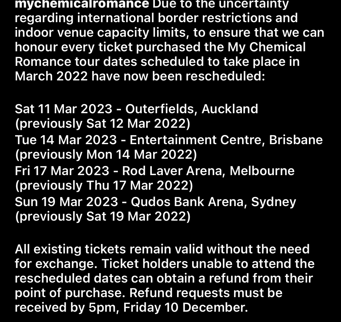 A message from <a href="/mcrofficial/">My Chemical Romance</a> - we are truly sorry, but we know that they are doing their best to keep everyone safe 💙