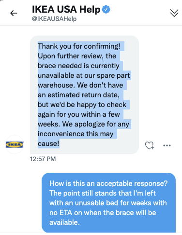 lvcvignesh's tweet photo. @IKEAUSAHelp Hey @IKEAUSA @IKEAUSAHelp - How is this an acceptable resolution? You sold me a bed frame of poor quality, No replacement parts or even an ETA. It is a 500$ bedframe. https://t.co/bl4d4SWXhT