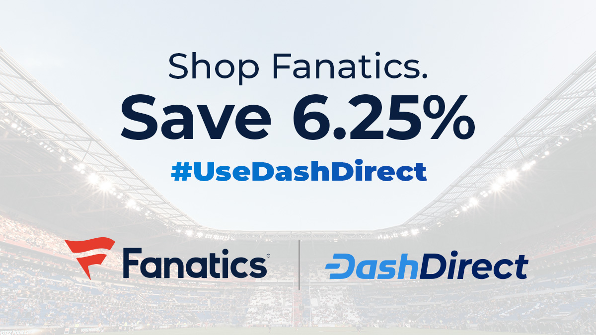 Dashpay's tweet image. Stocking up on #NFL merch for Turkey Day football? Remember to pay with #DashDirect to save 6.25% on everything that Fanatics has to offer.