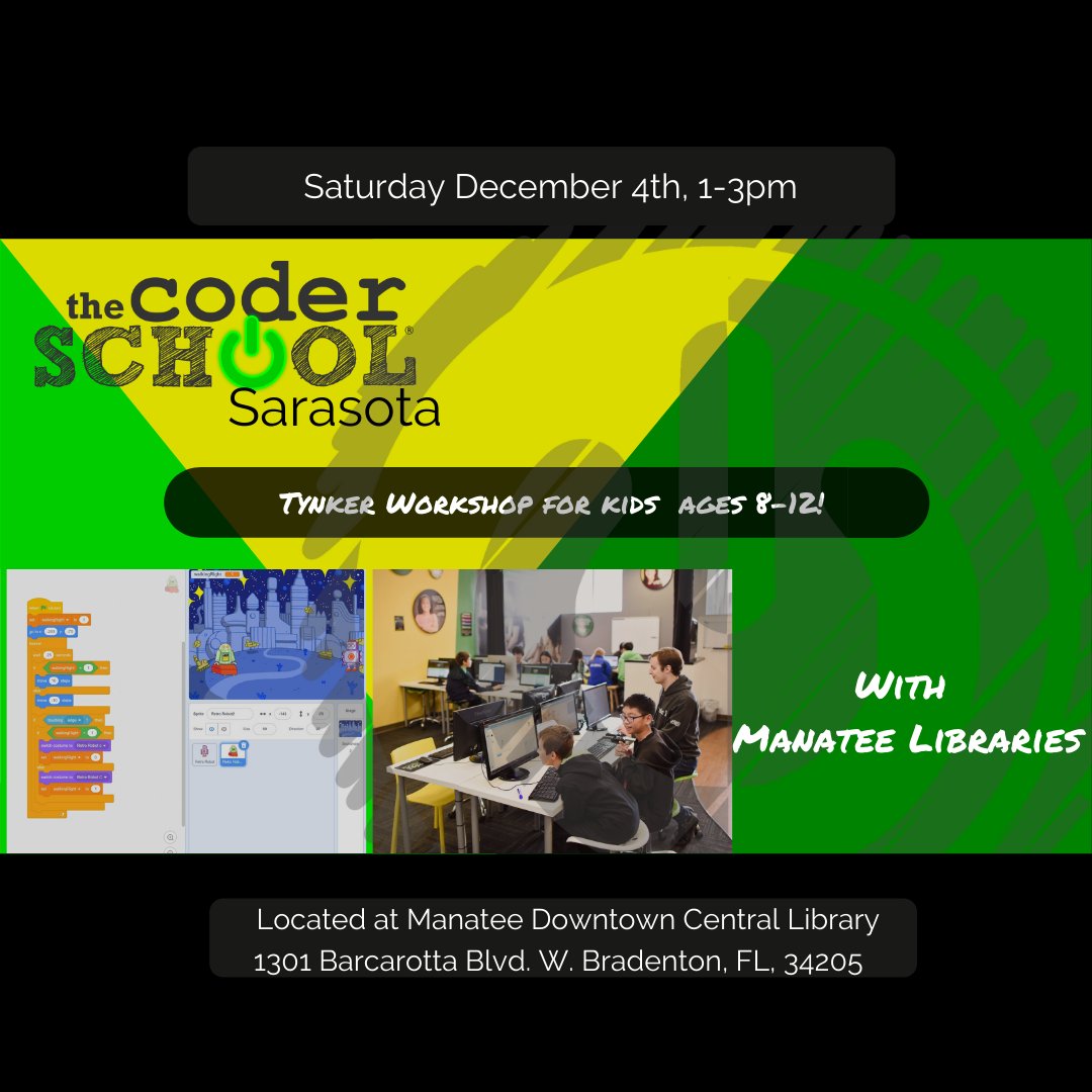 CoderSchoolSRQ's tweet image. Join us at Manatee Downtown Central Library on Saturday, December 4th from 1-3pm for our #tynker workshop! Learn to #code in a popular online block language program! Registration is required.
#tynkercoding #coding #programming #computerscience #technology #tech #sarasota