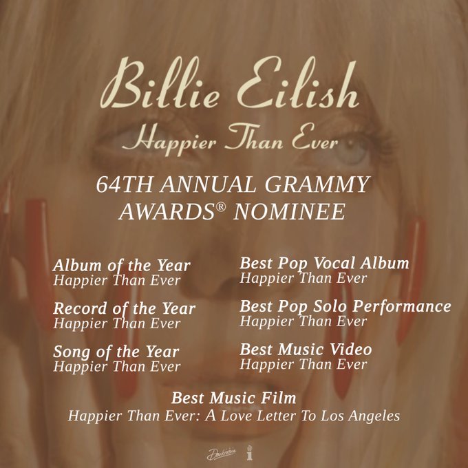 Billie has been nominated for 7 #GRAMMYs! @RecordingAcad

Album of the Year 
Record of the Year 
Song