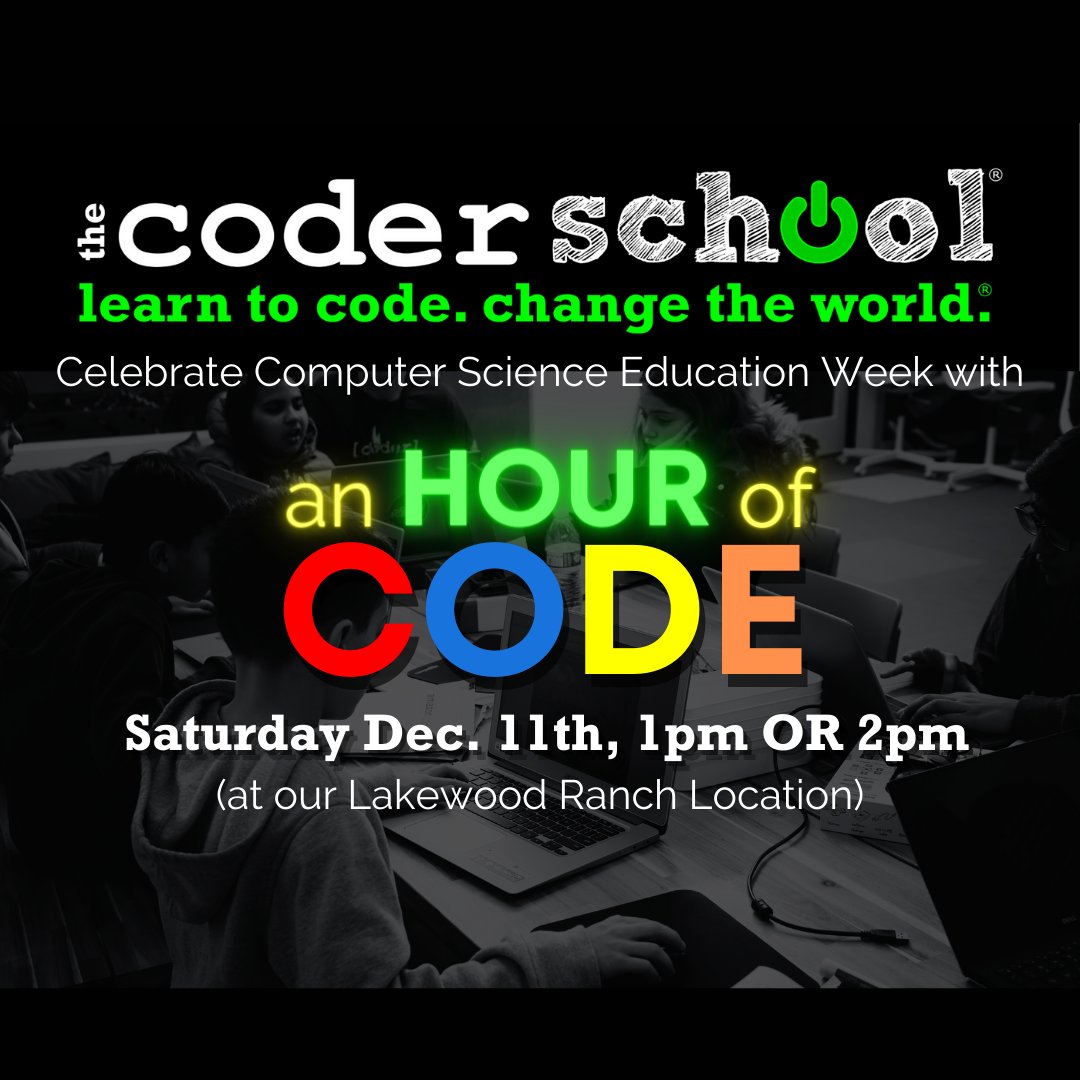 CoderSchoolSRQ's tweet image. Last chance to sign up for one of our 2 #hourofcode sessions for first time and beginner #coders to see what #coding is all about. Space is limited for this FREE event, so sign up now via our website to save your spot!
#scratchcoding #computerscience #gamedevelopment #csedweek