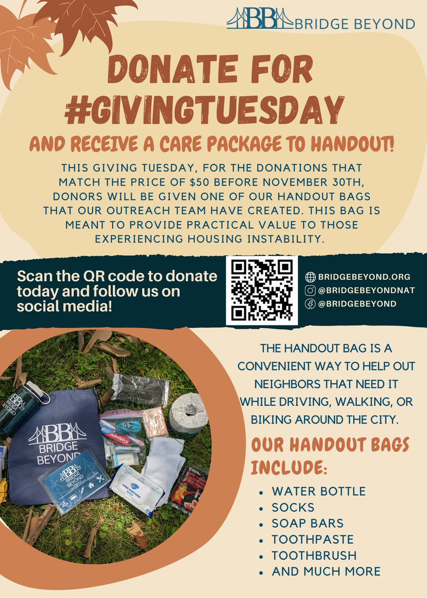BridgeBeyondnat's tweet photo. #Donate more than $50 this #GivingTuesday and receive your own resource bag to hand out! Go to https://t.co/k0KA3Wqhyt to donate to help people experiencing #homelessness https://t.co/MFrZKkVuMY