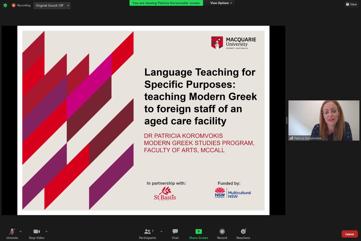 LanguagesMQ's tweet photo. @DrKPatricia, one of the first presenters at @LCNAU #LCNAU2021, speaks about teaching staff in aged care facilities #MorernGreek #multilingualAustralia
@MediaCommsMQ https://t.co/WE4rIHPezy