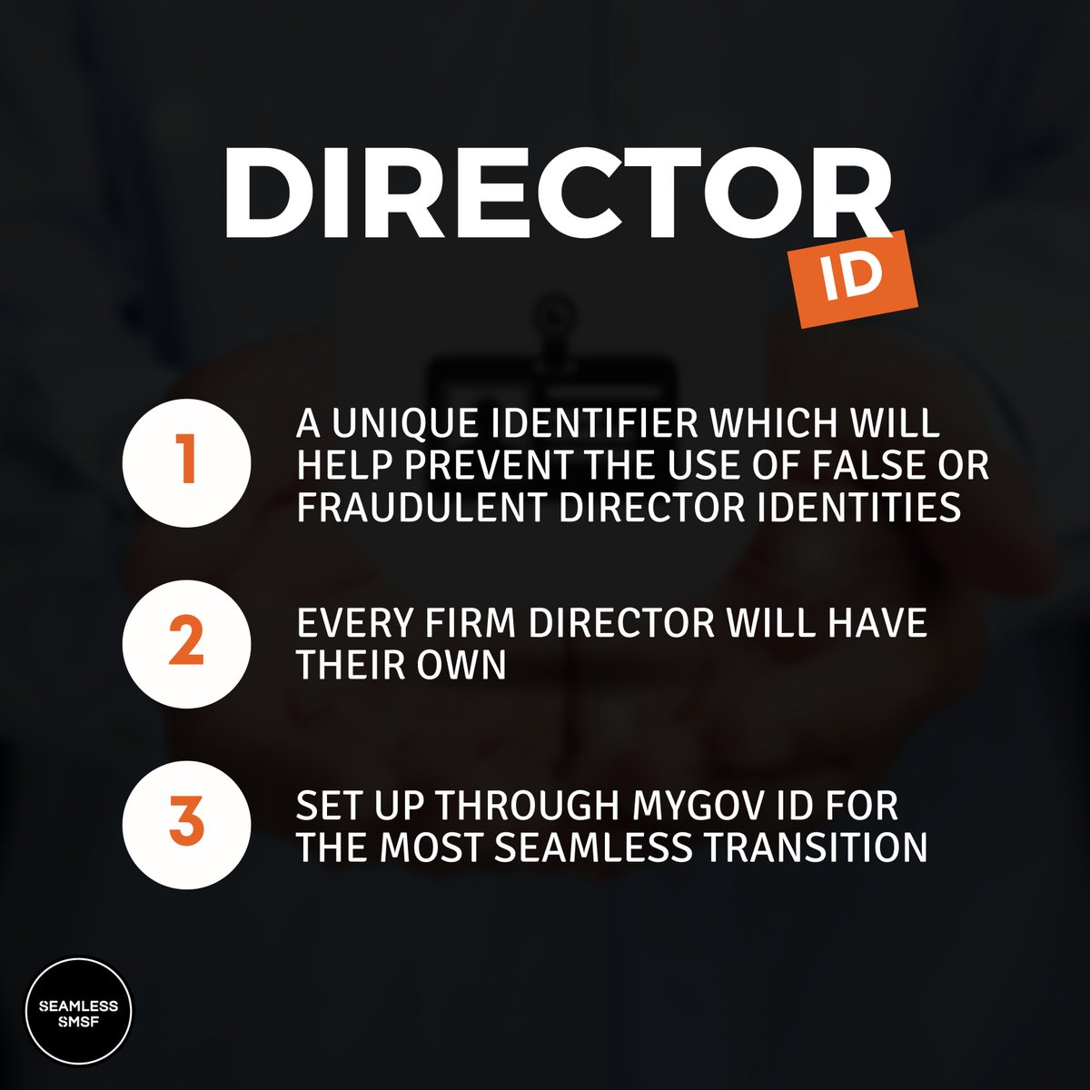Seamless_SMSF's tweet photo. Any SMSFs with a corporate trustee will be required to register for a director ID.

Our upcoming blog will provide you with a step-by-step process on HOW to set up your Director ID. Keep your eyes peeled 👀 https://t.co/OkYCDplCE7