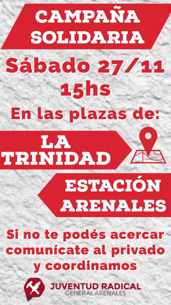 JRGralArenales's tweet photo. ⚠️CAMPAÑA SOLIDARIA⚠️

Este sábado 27/11, a las 15 hs, vamos a estar en la plaza de La Trinidad, y al mismo tiempo, en la plaza de la Estación Arenales.

¡No te lo pierdas! https://t.co/eiakamp0jP