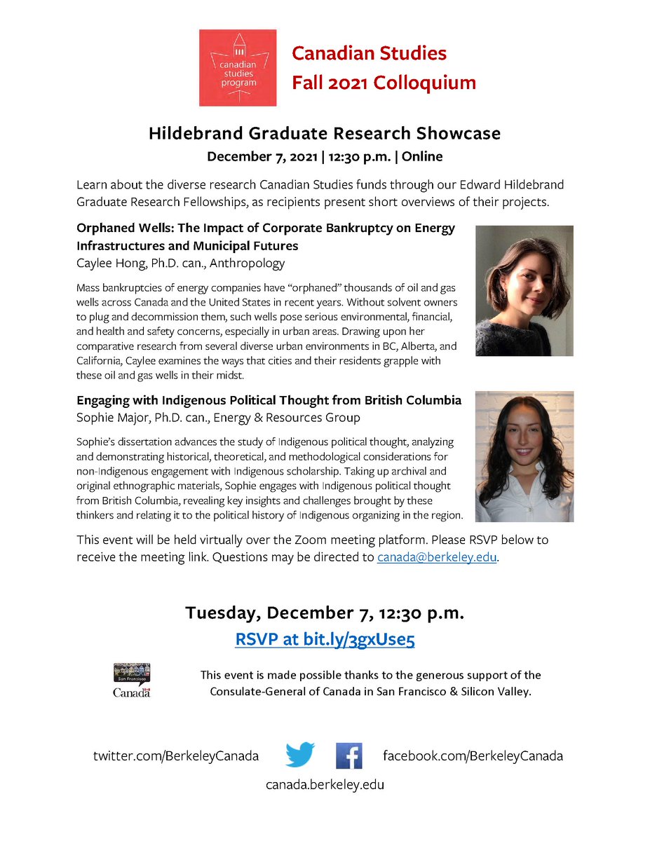 BerkeleyCanada's tweet photo. Join us December 7 for a graduate research panel showcasing recent projects we've funded - from tracking the afterlives of abandoned oil wells to new perspectives on Indigenous political thought!
RSVP at https://t.co/x40ov91Cno https://t.co/xpnRONKiNW