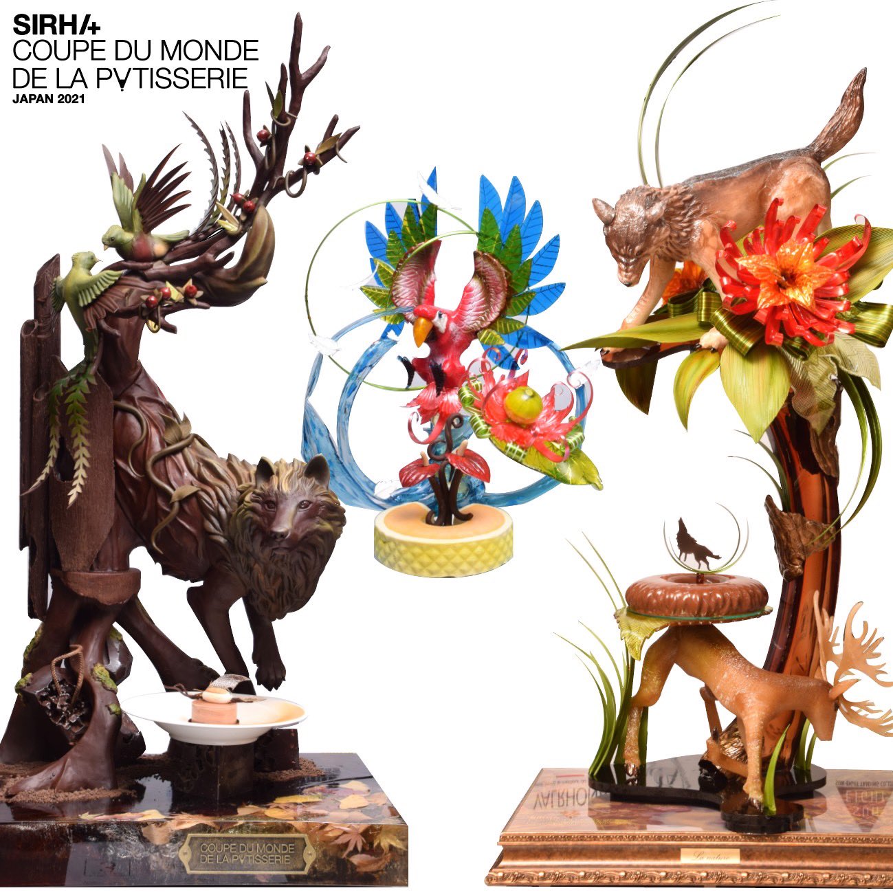 クープ デュ モンド日本実行委員会 新日本代表チームの作品です アントルメ ショコラと飴細工のピエスモンテ 鈴鹿 成年 レストラン デザートとチョコレート細工のピエスモンテ 高橋 萌 アントルメ グラッセとアメ Amp チョコレート細工の