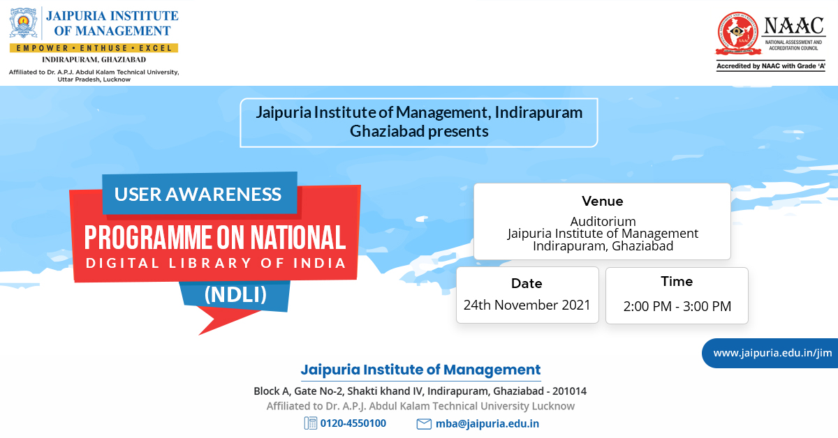 JaipuriaMBA's tweet photo. Do you know about the National Digital Library of India (NDLI)?
Get access to the digital repositories and world of the digital library right here in this event.
#JaipuriaInstituteofManagement #JaipuriaGhaziabad #LearnWithJaipuria #DigitalLibrary #Library #Digital #Reading https://t.co/6uo3v8nUUR