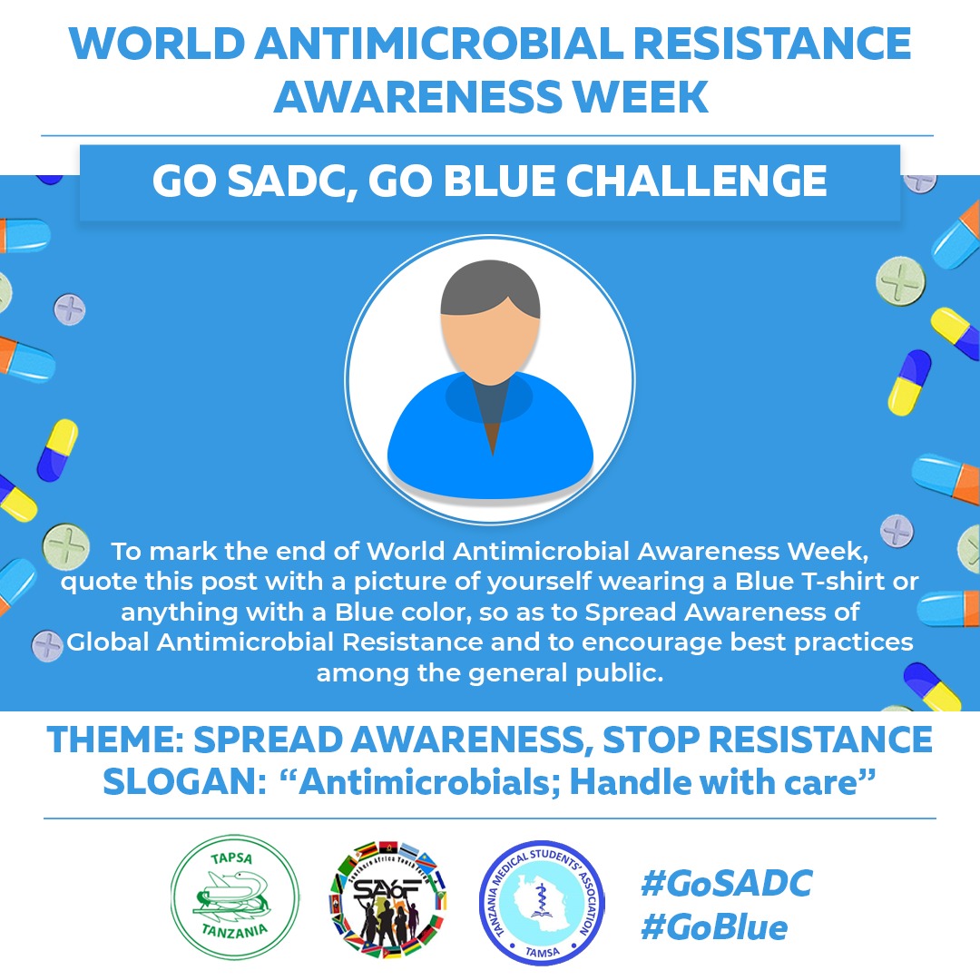 To mark the End of World Antimicrobial Awareness Week, quote this post wth a picture of yourself wearing a BLUE t-shirt of anything BLUE so as to Increase awareness of global antimicrobial resistance and to encourage bst practices amng the general public.

#WAAW2021  #BlueSADC