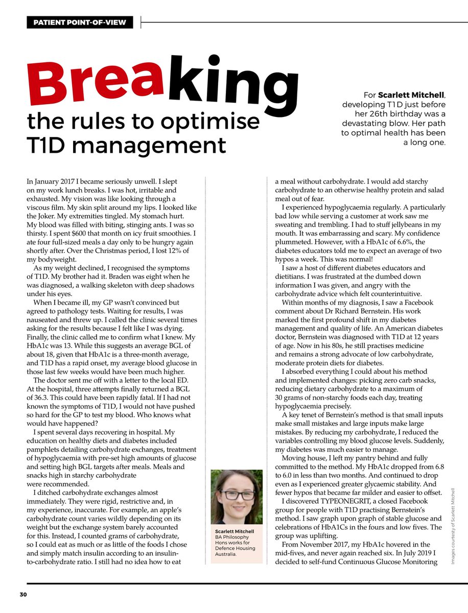 RRDDDDDDDDDD's tweet photo. PLEASE SHARE! LOW CARB T1DM WIN! Scarlet Mitchell with the beautiful TRUTH in Australian Diabetes Management Journal titled 'Breaking the rules to optimize Type 1 Diabetes Management', regarding her use of Dr. Richard Bernstein's method to manage her Type 1 Diabetes. https://t.co/rFZZuTdaFW