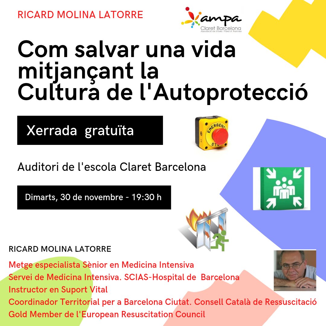 La COMISSIÓ DE FORMACIÓ us proposa una xerrada sobre LA CULTURA DE L'AUTOPROTECCIO
🗓️Dimarts 30 Nov
⏰19:30 h
🏫Auditori
La Cultura de l’Autoprotecció és paradigma en societats avançades per tal que els ciutadans sàpiguen reaccionar a les situacions d’emergència.
Us hi esperem 😉