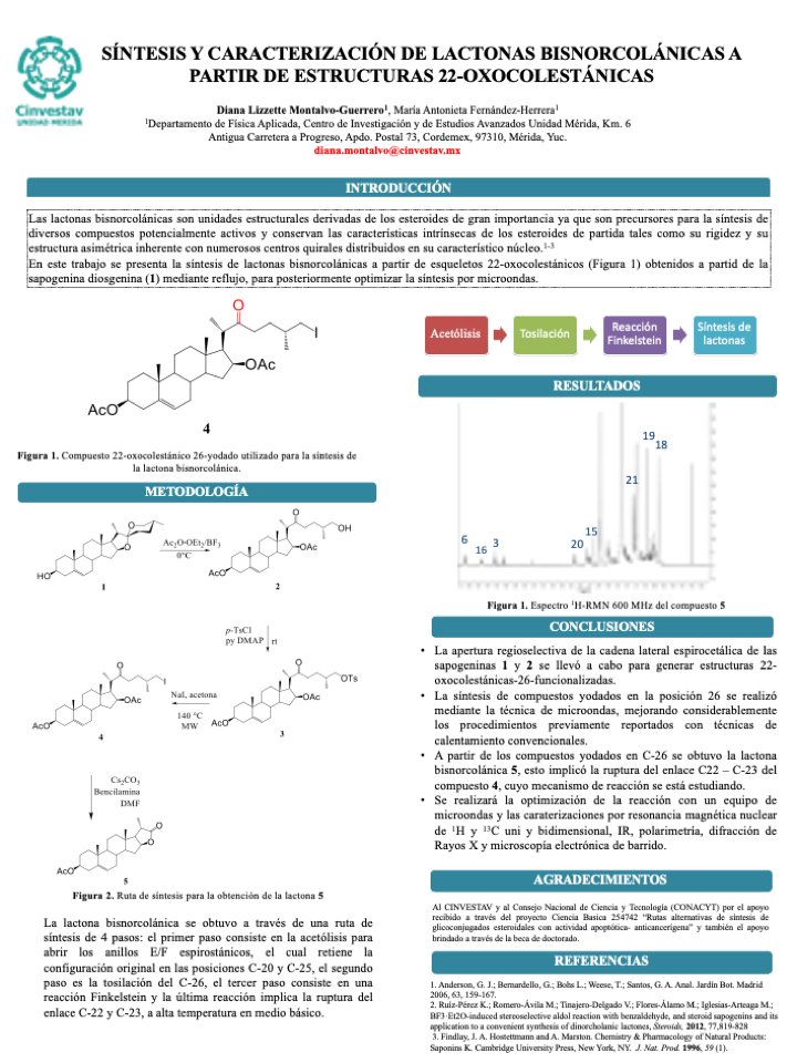 DianaMongr's tweet photo. Hola a todos!! Les presento mi trabajo "SÍNTESIS Y CARACTERIZACIÓN DE LACTONAS BISNORCOLÁNICAS A PARTIR DE ESTRUCTURAS 22-OXOCOLESTÁNICAS"
@CINVESTAVMERIDA #FQ38  
#SPFA2021
#5D 
#Cinvestav https://t.co/NtrR8Gg7Yi