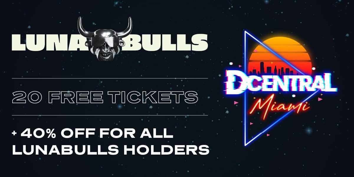 TheBullClubNFT's tweet photo. Hey #LunaBulls 👋 we're going to Miami for #DCentralCon and you can too! 🌴

We teamed up with @DCentralCon to giveaway 20 FREE tickets and a 40% discount, EXCLUSIVELY to 🐂 holders! 😎

Enter giveaway: https://t.co/8Q4ks3rXeK

Tickets👉 https://t.co/ROXzLssx0Y

Steps &amp; deets🧵👇 https://t.co/T9jy92GiYi