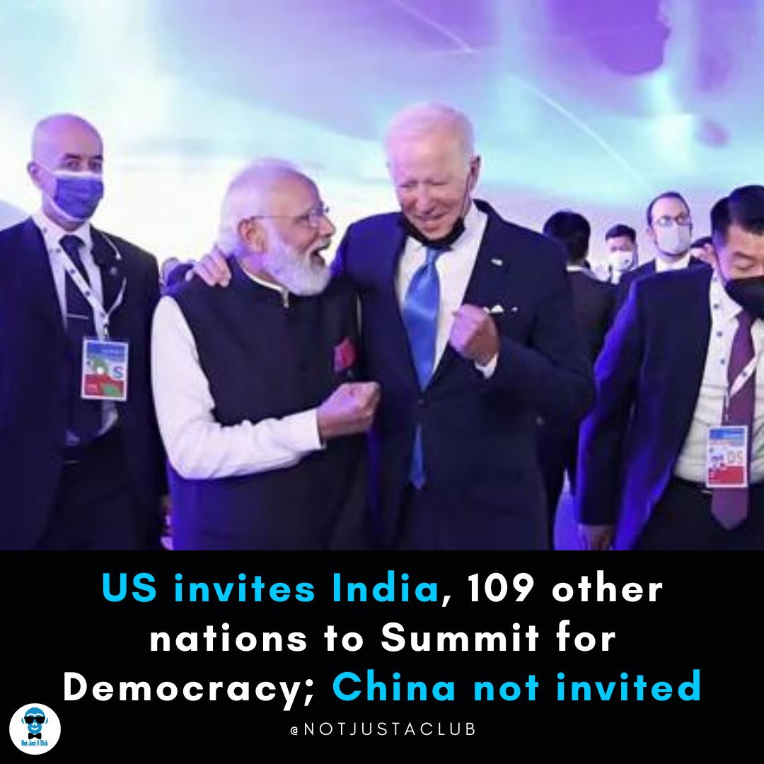 urviewsurnews's tweet photo. #Notjustaclub US President #JoeBiden has invited #India and 109 other countries to a virtual #SummitforDemocracy in Dec. #China, #Russia and #Turkey have not been invited, according to a list posted on the State Department website. https://t.co/0x0RUe11uZ