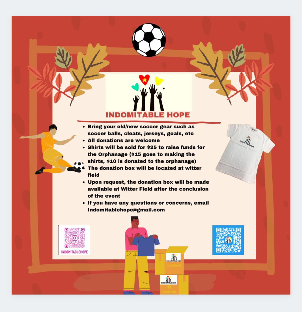 Soccer pick up and donation drive information #Indomitablehope #Thanksgivingfooty #donate