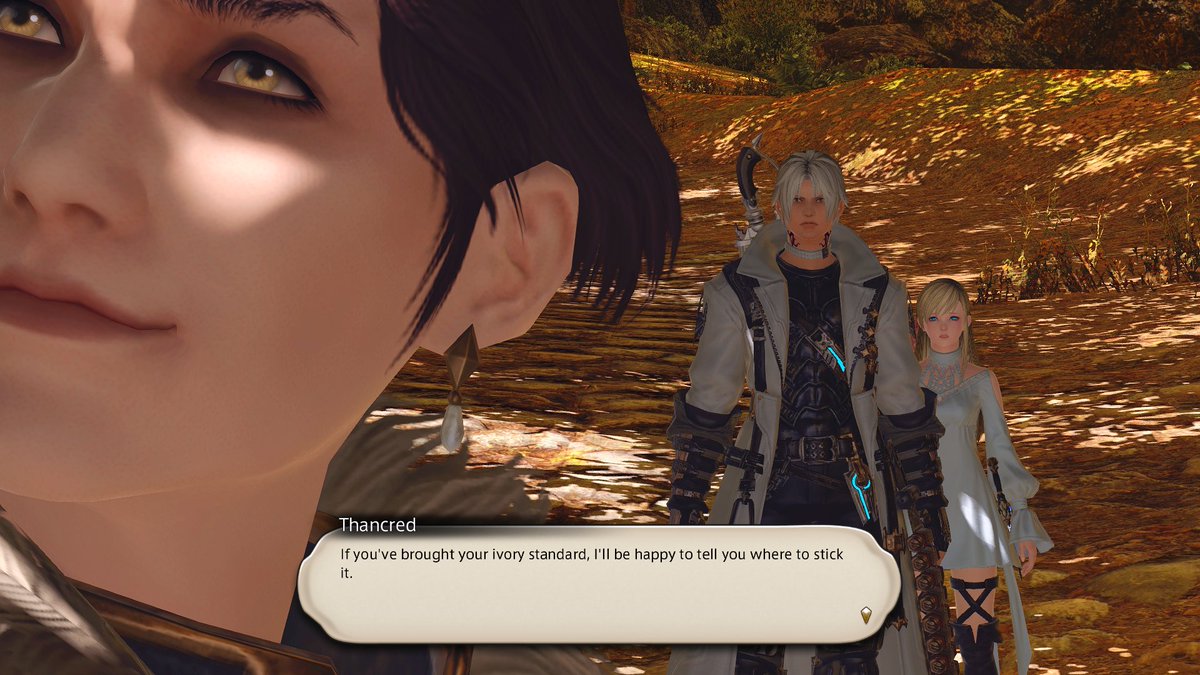 windup_tama's tweet photo. this range of emotions when thancred tells him to shut up 😳👉👈💕 https://t.co/vXCim8ClDv