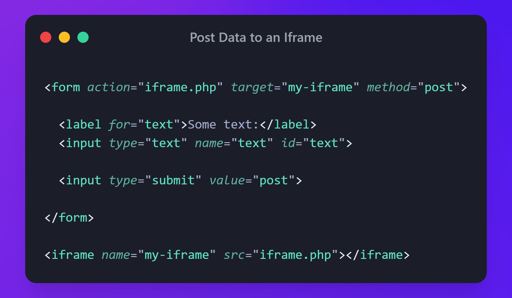 UI Lib on Twitter: "HTML Code Snippet: Post Data to an Iframe - Doesn't take any JavaScript or anything. You just have the form's target attribute match the iframe's name attribute. 👇 # UI Lib on Twitter: "HTML Code Snippet: Post Data to an Iframe - Doesn't take any JavaScript or anything. You just have the form's target attribute match the iframe's name attribute. 👇 #