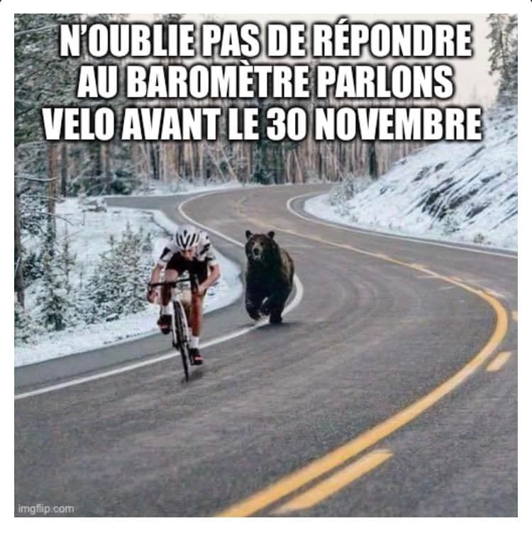 230 000 réponses, et toujours pas toi ? 
On dit ça on dit rien.
Pour ne pas vendre la peau de l'ours, etc., c'est par ici : barometre.parlons-velo.fr
#barometrevelo2021