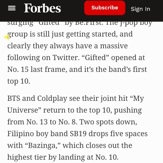 57311only's tweet photo. Na kaka sad mabasa to galing pa mismo sa Forbes article.. Na  from top 5 #Bazinga_SB19 @SB19Official  is Down to top 10 at malapit na mawala sa list.. 
Please a'tin gawing default tag natin Bazinga, nag hihintay pa ang 3 new song ng #SB19 para ipasok sa top 10. https://t.co/ZtpdTxdGMd