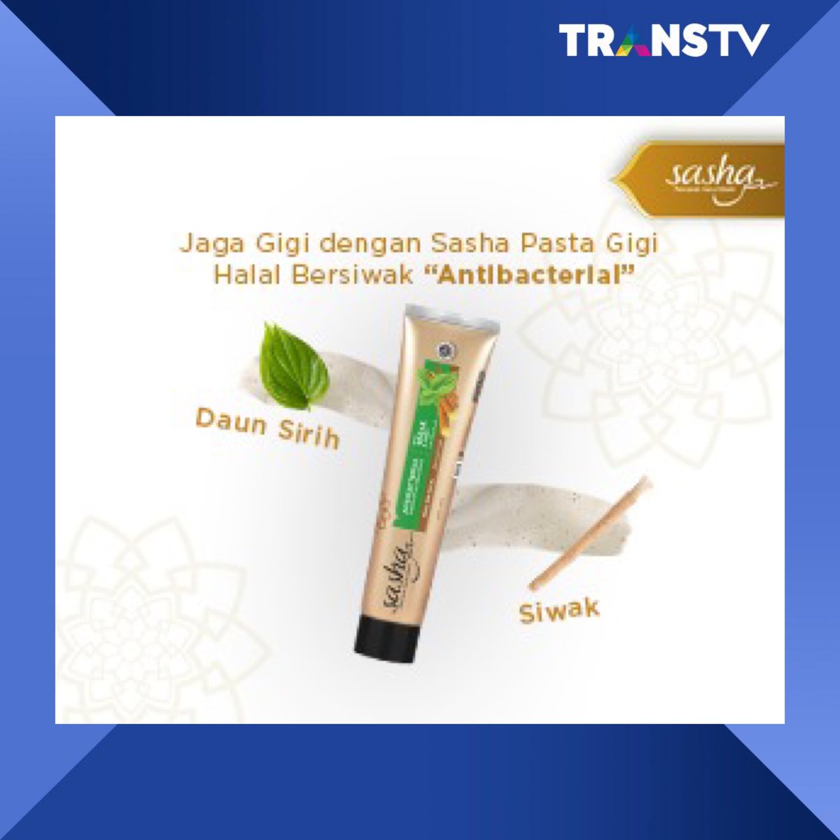 TRANSTV_CORP's tweet photo. Bersiwak merupakan salah satu hukum sunnah yg diperintahkan oleh Rasulullah SAW. Nabi sangat menganjurkan umatnya untuk bersiwak,guna menjaga kesehatan gigi & mulut
#GigiSehatSasha #HijrahBerawaldariMulut #SashaHalalToothpaste #PastaGigiSasha #HalalToothpaste #WhiteningToothpaste https://t.co/sLw8VcSC1W