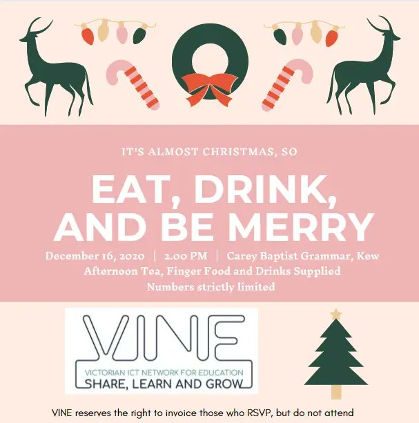 Christmas is just around the corner! So let's end this year with an afternoon of finger food and drinks. Join us on December 16 at the Carey Baptist Grammar Bowling Club. We'd love to see you there!
vine.vic.edu.au/event-4563228