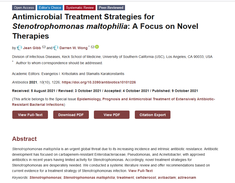 antibioticsmdpi's tweet photo. #EditorChoiceArticle
#Antimicrobial Treatment Strategies for #Stenotrophomonas #maltophilia: A Focus on Novel Therapies by Dr. Darren W. Wong et al. from University of Southern California @USC 
👉https://t.co/5iaCI7nPdf https://t.co/xnRGLDLjZC