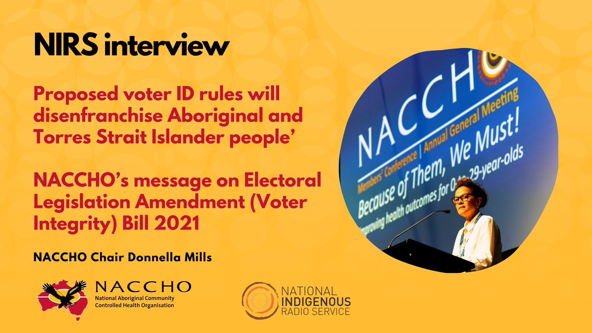 NACCHOAustralia's tweet photo. .@NACCHOChair on @NatIndigRadio 'Proposed voter ID rules will disenfranchise Aboriginal and Torres Strait Islander people'. NACCHO’s message on Electoral Legislation Amendment (Voter Integrity) Bill 2021.
📻 Tune in here: https://t.co/eh7MRCbVb1
More info: https://t.co/o3trEQL9Nj https://t.co/eocF2f0bJV