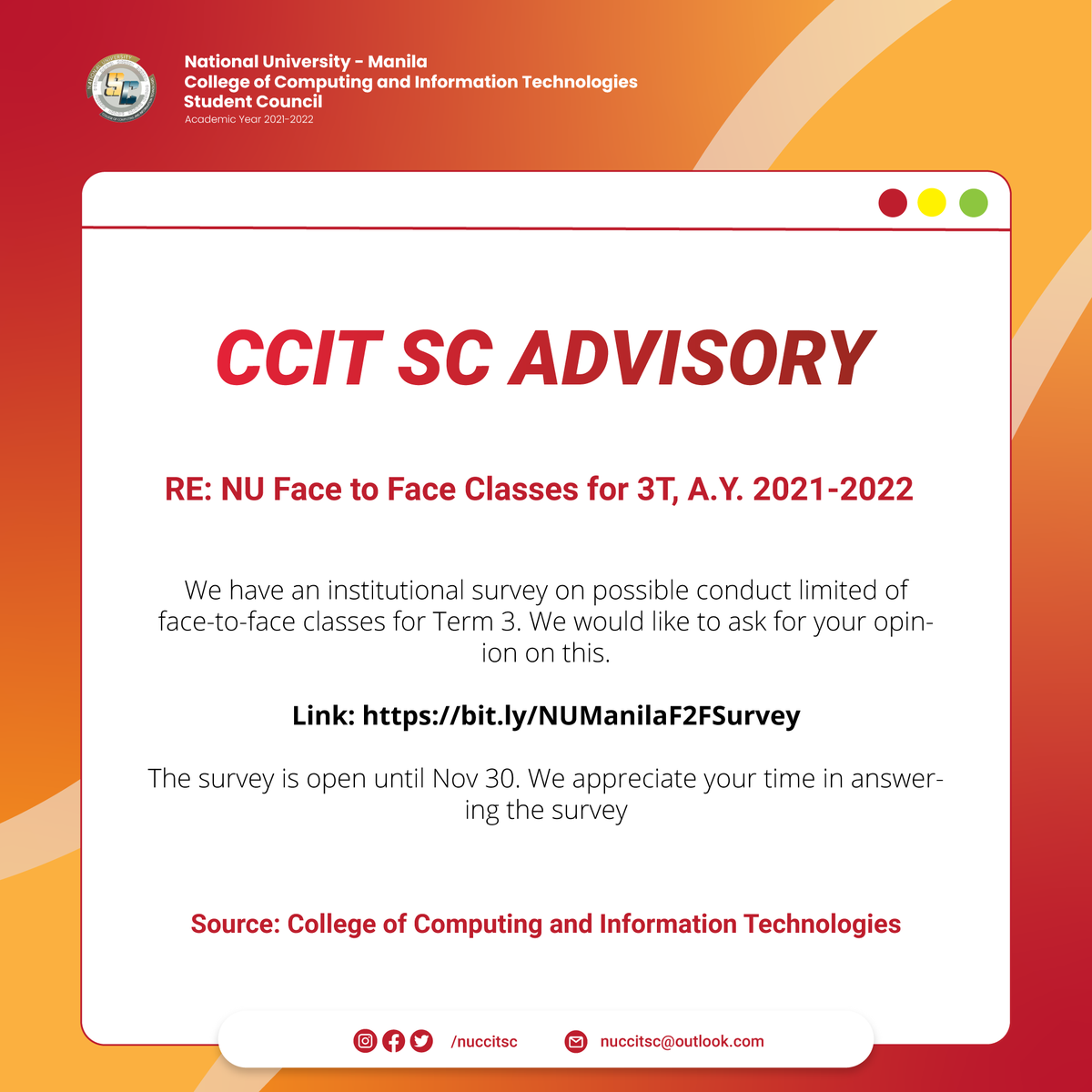 NUCCITSC's tweet photo. Paws up, future IT and ComSci Professionals!
We have an institutional survey on possible conduct limited of face-to-face classes for Term 3. We would like to ask for your opinion on this.

Survey link: https://t.co/Qak5pcKkFf

The survey is open until November 30, 2021.

1/2 https://t.co/vNiUAbkC2G