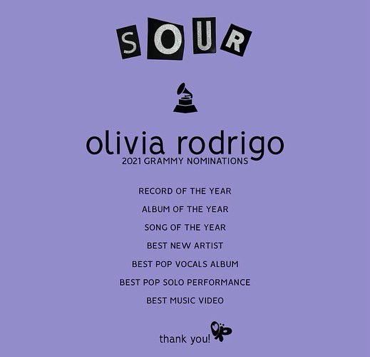 oliviarodrigo's tweet photo. sooooo excited. thank you thank you thank you. @RecordingAcad 💜💜💜 https://t.co/2j96h75VPJ