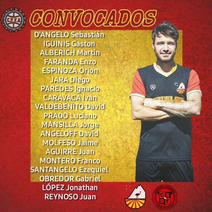 #TRFA21 || CONVOCADOS 
Esta es la lista de jugadores para la segunda fecha. 

👉vs Fontana
📅 Miércoles 24
🕜17hs 
🏟 El Jardín (Trevelin) 
👤Ezequiel Julio (Cipolletti)
📻 Transmite Radio Seis

#VamosCruzado ❤💛