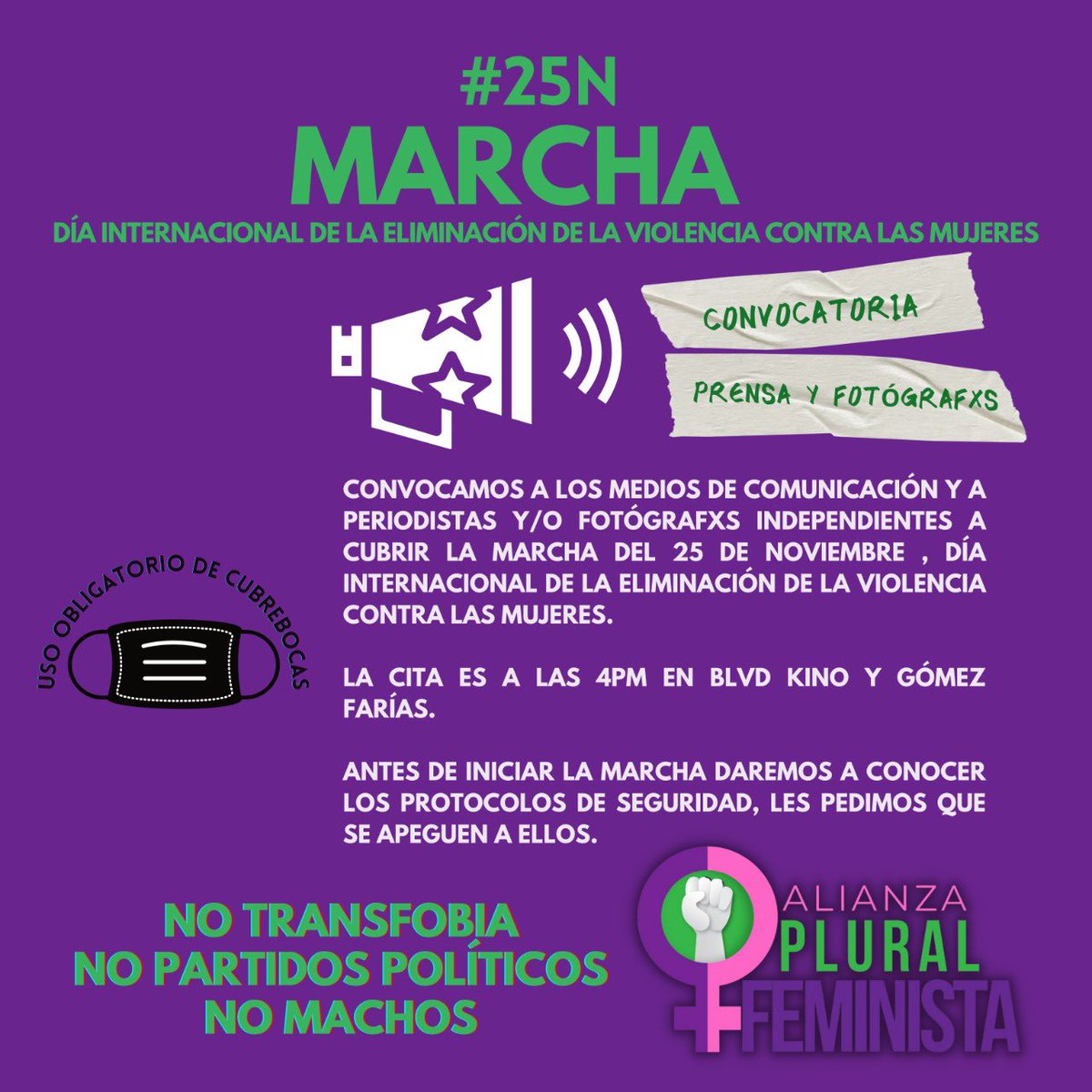 HermosilloToo's tweet photo. Convocatoria a medios de comunicación a cubrir la marcha del #25N 
#Hermosillo 
NO TRANSFOBIA
NO PARTIDOS POLÍTICOS 
NO MACHOS https://t.co/8fzESq4abs