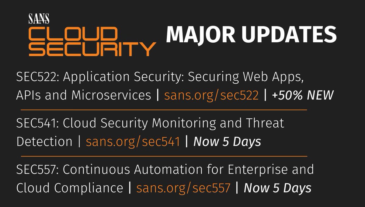 SANSCloudSec's tweet photo. SANS Cloud Security just keeps accelerating deeper into cloud! Learn more about these major course updates:
#SEC522 - + 50% new & added #cloudsecurity content
https://t.co/KF8pP2osfm
#SEC541 Now 5 days | https://t.co/udG5AbaCm6
#SEC557 Now 5 days | https://t.co/CfDsMxIcYe https://t.co/7s3sWqvlsQ