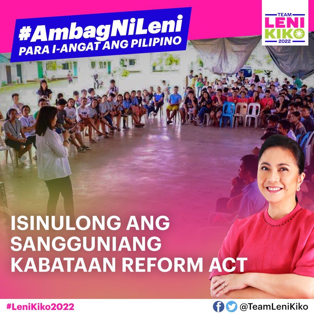 TeamLeniKiko's tweet photo. Isinulong ni Leni Robredo sa Kongreso ang pag-reporma sa Sangguniang Kabataan. Ilan sa reporma ay ang pagbabawal sa mga miyembro ng isang political dynasty, pagkakaroon ng pondo, at pakikilahok ng mga samahang pang-kabataan sa SK. 

#AmbagNiLeni 
#LeniKiko2022 https://t.co/GzFEhpgx0X