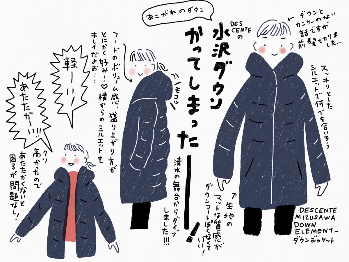 ノースフェイスも最強だが、これも超暖かいと思うのが水沢ダウン・・・!!!!!
清水の舞台から飛び降りてそのまま地面に突き刺さるかんじで購入しました。
庶民にとってはめっちゃいい値段するので、家計に借金して毎月小遣いから返済して買ったのも数年前か。。