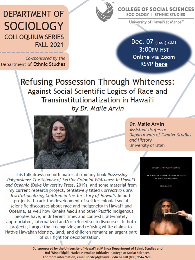 Coming up after this weekend, our last co-sponsored Colloquium discussion with guest Dr. Maile Arvin: