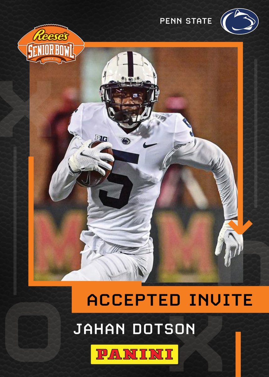 seniorbowl's tweet photo. OFFICIAL! WR Jahan Dotson @H55ZY from @PennStateFball is heading to the 2022 @Reeses Senior Bowl!!! 👏👏👏 #WeAre #PennState
#TheDraftStartsInMOBILE™️ 

@JimNagy_SB @PaniniAmerica #RatedRookie https://t.co/pMazcxVjoa