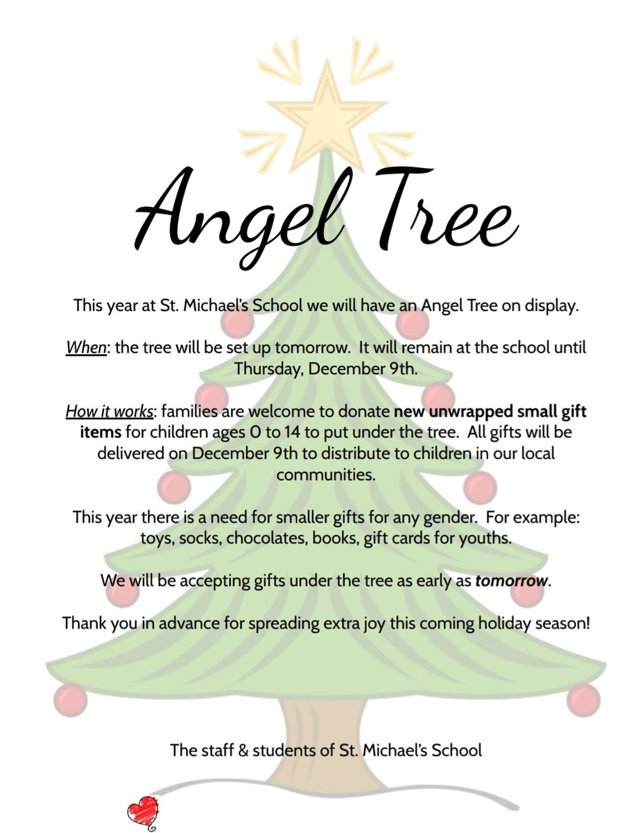 StMikesRCCDSB's tweet photo. Our Angel Tree is back!🙌🎄😇 In addition, we will be collecting non-perishable food donations for the local Food Bank. Our cutoff date for sending in items will be Thursday, Dec. 9th. https://t.co/LVNLzaXYd0