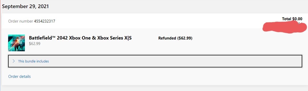 docharmacist's tweet photo. Wow, sad it had to come to this but thank you to @xbox and the @MicrosoftStore for accepting my refund request here. @EA you are a disgrace to gaming, @Battlefield deserves better and @EA_DICE deserves better, stop releasing unfinished, broken games. Enough. #Battlefield2042 https://t.co/QVnh8FEDoi