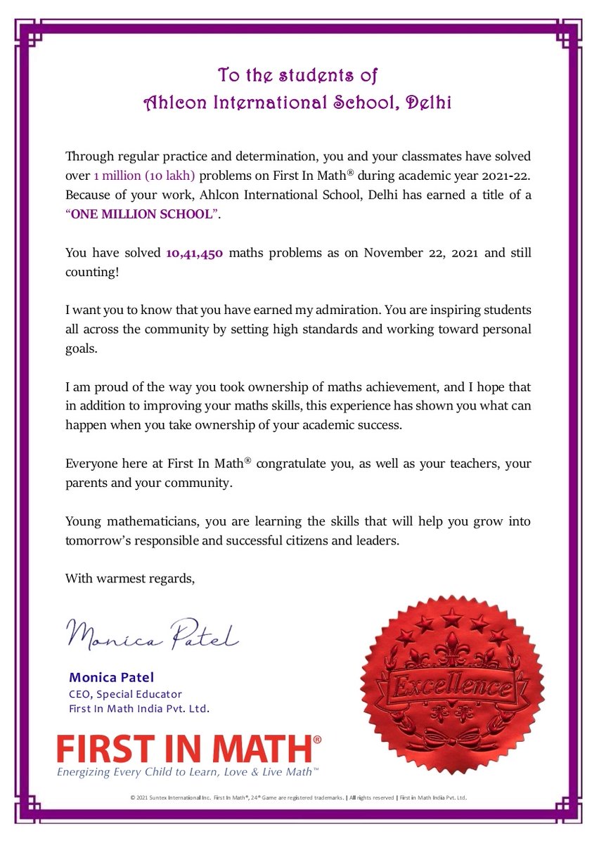 So pleased to announce that Ahlcon International School students have solved 10,41,450 math problems on First In Math! Great achievement by our mathematical kids.<a href="/ashokkp/">Ashok Pandey</a> <a href="/y_sanjay/">Sanjay Yadav</a> @KavitaS2003 <a href="/Shipra_Srivastv/">Dr. Shipra Srivastava</a> <a href="/PriyankaSTiwary/">Priyanka Tiwary</a> <a href="/FirstInMath/">First In Math</a> <a href="/RobertSun24/">Robert Sun</a> <a href="/Gurveen31/">Gurveen</a> <a href="/AboutImpact/">Monica Patel</a>